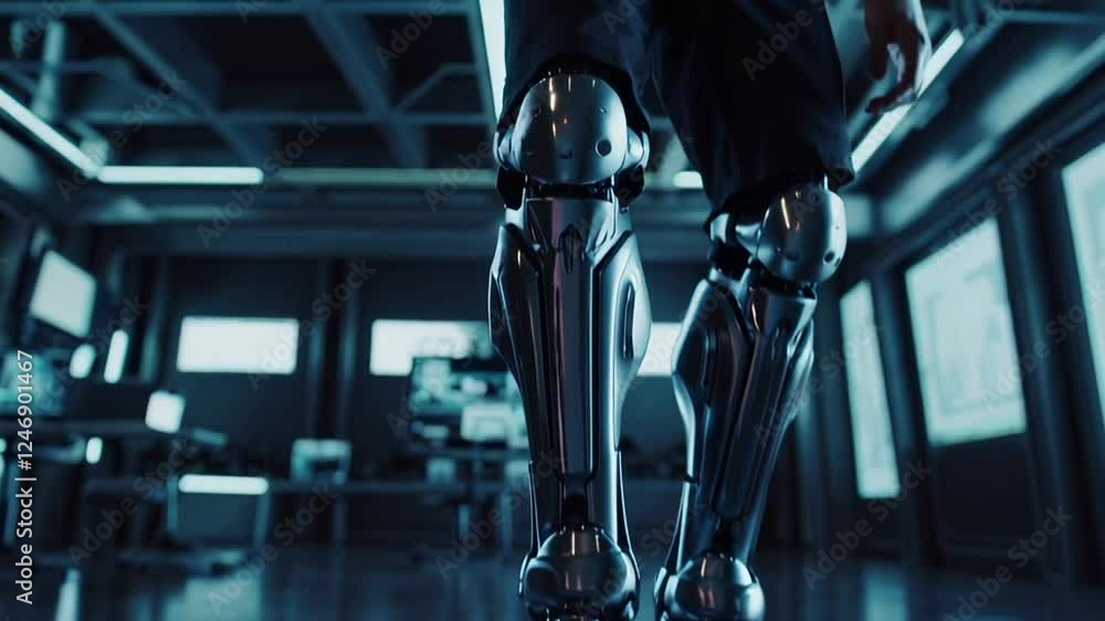 Aufkleber gleaming chrome robotic prosthetic legs moving methodically across shadowy high tech laboratory envi