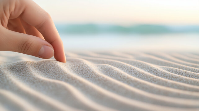 hand gently touches soft sand on beach, creating delicate patterns. serene atmosphere evokes sense of calm and connection with nature