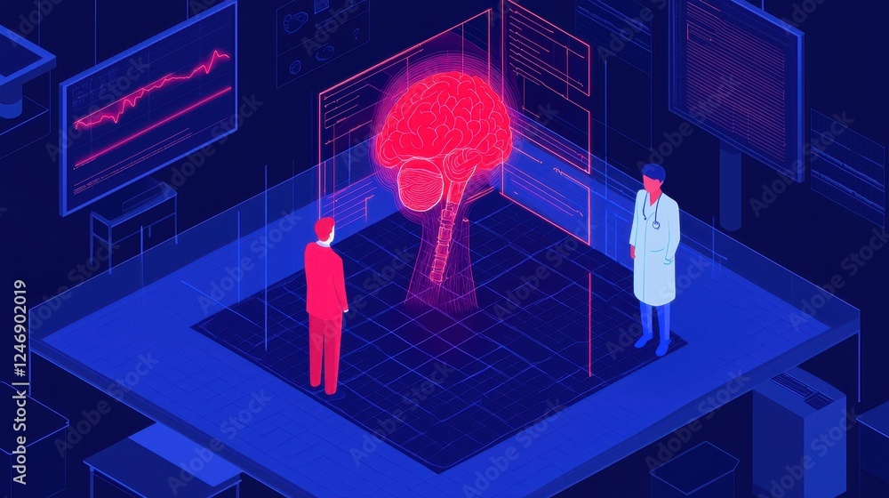 Poster a futuristic scene depicting a scientist and a person observing a glowing 3d brain model in a high-t