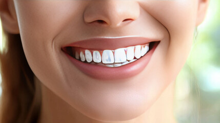 Fototapeta premium Close-Up of a Beautiful Smile Showcasing Healthy White Teeth, Smooth Lips, and Natural Radiance in Soft Sunlight