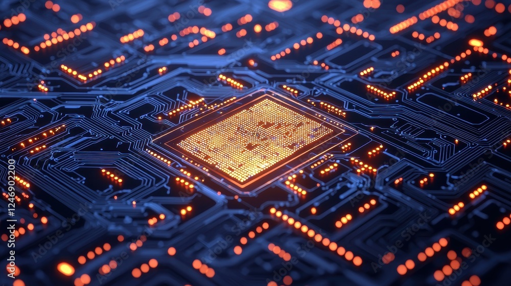 Poster a close-up view of a computer chip on a circuit board, illuminated by glowing lights, showcasing int