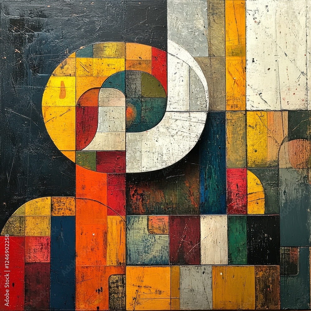 Poster a vibrant abstract artwork featuring geometric shapes and a mix of colors, creating a striking visua