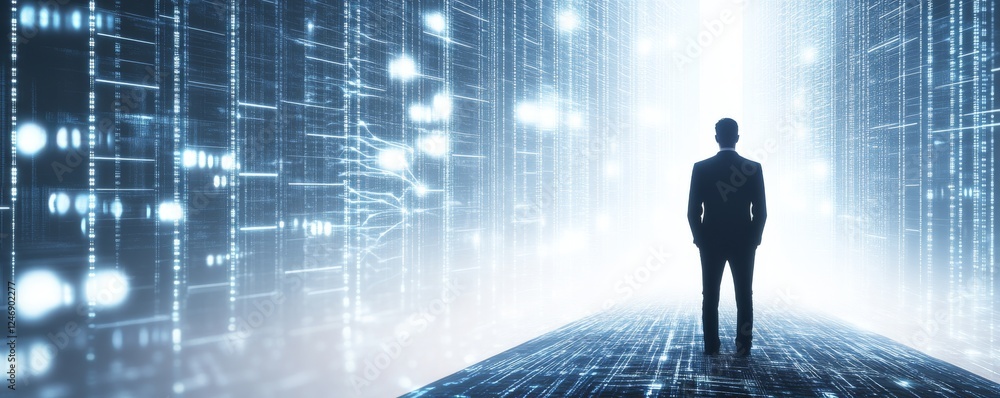 Poster man standing in a digital network environment.
