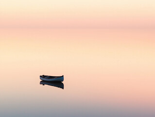 Solitary Canoe on a Tranquil Lake at Sunrise – Minimalist Nature Scene with Soft Pastel Tones