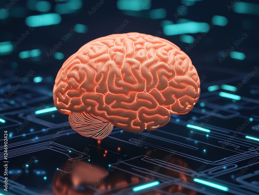 Aufkleber a digital representation of a brain, illuminated in orange, set against a circuit-like background, s