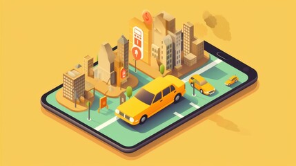 Obraz premium Mobile Cityscape: Isometric Illustration of Urban Taxi Ride-Hailing App Interface
