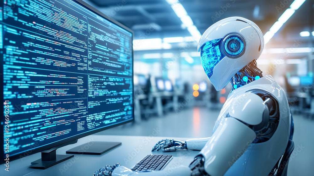 Poster a humanoid robot focuses on coding tasks at a sleek workstation,