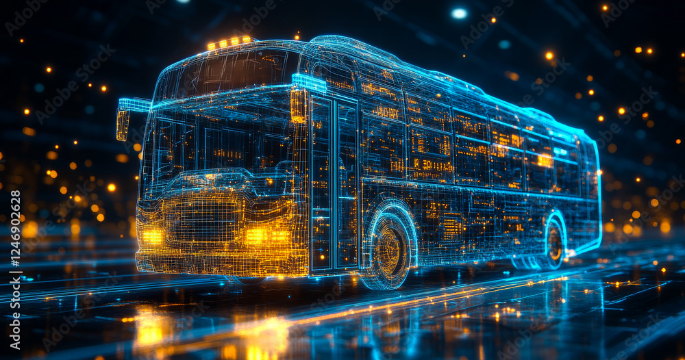 Poster digital futuristic bus model. a bus appears with glowing blue lines and lights, showcasing an advanc