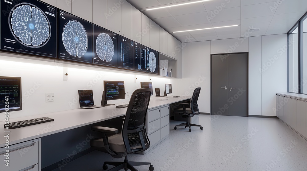 Poster a modern, high-tech office space featuring multiple computer stations and large displays showing bra