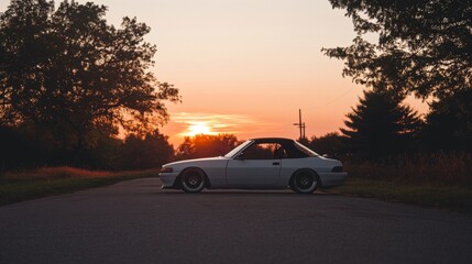 Classic car sunset road country drive