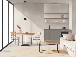 A living room with a table and chairs, a coffee table, and a couch