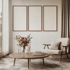 A white room with a wooden coffee table and a chair