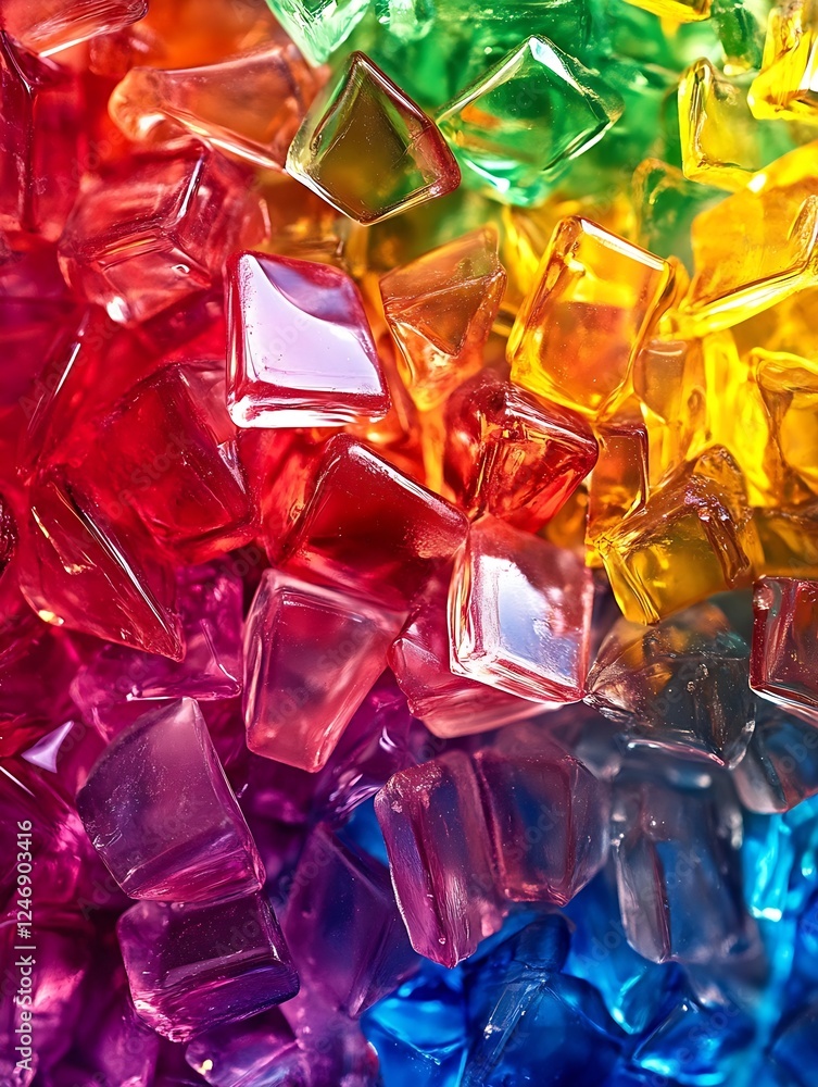 Aufkleber vibrant multicolored transparent gelatin cubes in rainbow spectrum reflecting light : generative ai