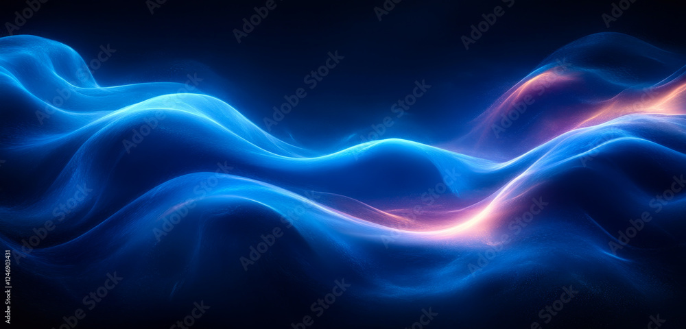 Poster blue waves of light create dynamic flow. blue waves with orange hints dance gracefully on a dark bac