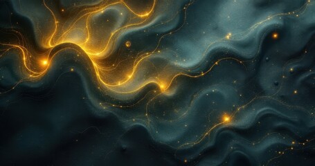 Obraz premium Abstract cosmic waves with glowing golden patterns in dark space