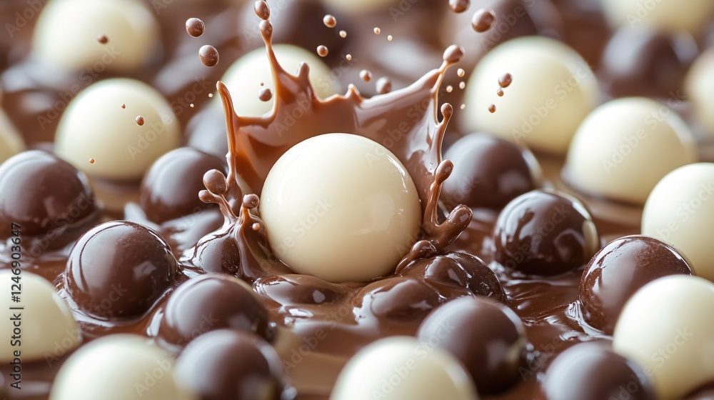 Poster chocolate spheres in a liquid bath with a splash of molten chocolate creating a dynamic scene
