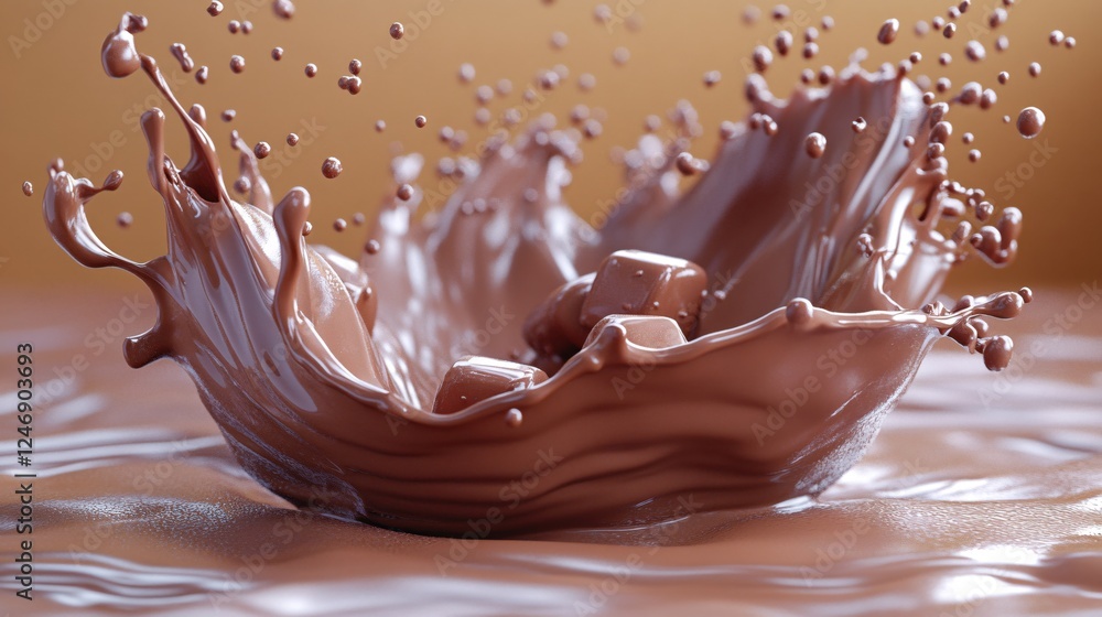 Poster chocolate cubes falling into liquid chocolate creating a dynamic splash with droplets around