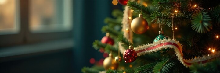 Decorated Christmas tree with simple ribbon garland, holiday, ornaments