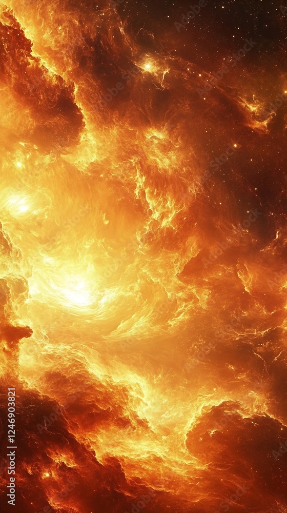 Poster fiery cosmic explosion in outer space with vibrant yellow and orange nebula : generative ai