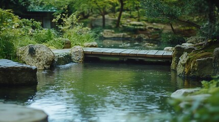 Serene Japanese Garden Stream with Wooden Bridge and Lush Greenery : Generative AI