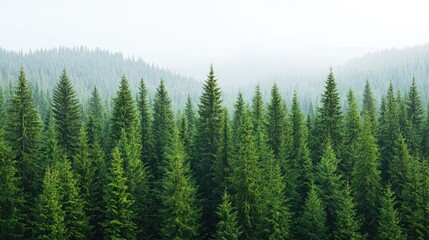 Obraz premium Misty mountain spruce forest panorama, nature background