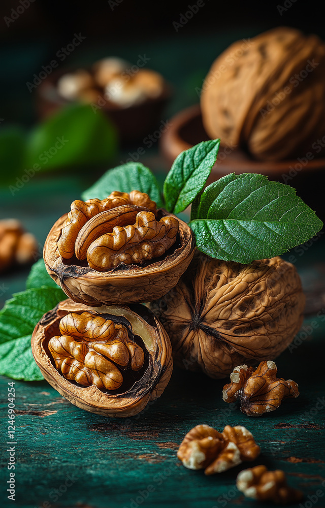 Poster fresh walnuts displayed with leaves. shelled and unshelled walnuts arranged with green leaves on a r