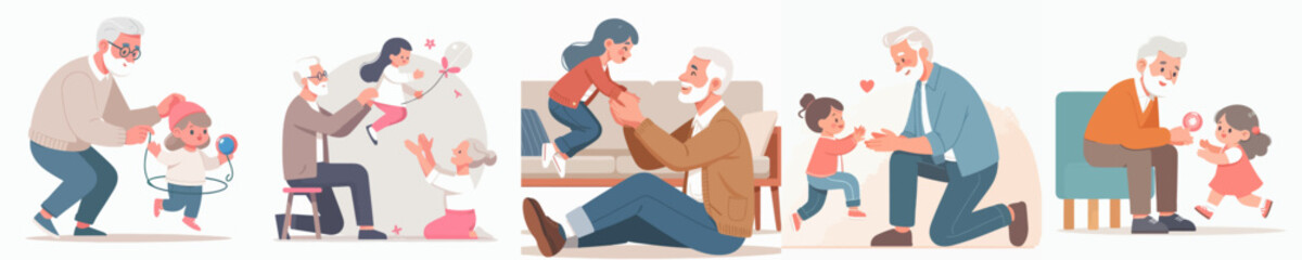 vector set of grandfather playing with his grandson