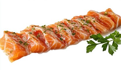 Fresh Sliced Salmon with Herbs on White Background