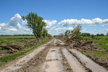 Fototapeta premium A tornado path through a rural area, with trees uprooted, A dirt road flanked by trees, with scattered debris creating a rustic, natural landscape.