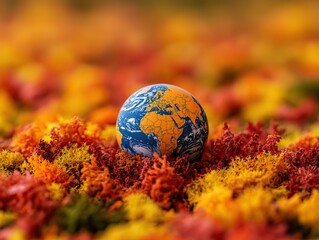 A small globe rests among vibrant, colorful foliage, symbolizing the beauty of Earth and nature's diversity.