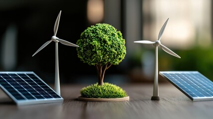 A miniature model showcasing renewable energy with wind turbines and solar panels beside a green tree, symbolizing sustainability and eco-friendliness.