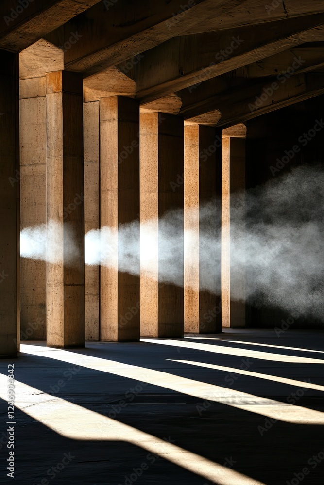 Poster the image showcases strong pillars casting shadows, with beams of light illuminating dust particles,