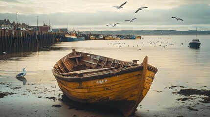 Fototapeta premium Weathered Wooden Boat Docked at Coastal Pier with Seagulls Overhead