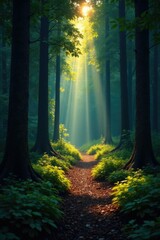 Obraz premium Dark forest with a shaft of sunlight illuminating the path, dark woods, forest