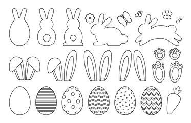 Easter elements. Template outline bunny and egg for scrapbooking. Rabbit silhouettes, paws, ears and paint eggs for Easter holiday decoration. Vector kids game paper stickers