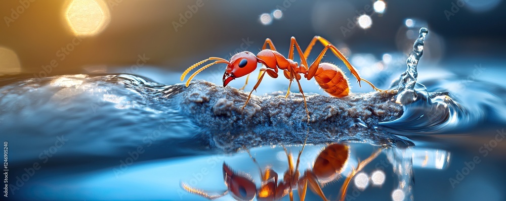Poster a vibrant red ant navigates a water surface, creating ripples and reflecting light in a dynamic, clo