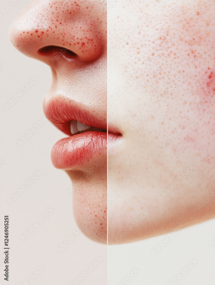 Aufkleber split face comparison highlighting skin issues and smooth complexion for beauty analysis and skincar