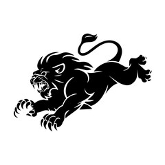A bold black and white vector illustration of a roaring lion in mid-leap, showcasing its fierce expression, muscular body, and sharp claws.