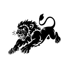 A bold black and white vector illustration of a roaring lion in mid-leap, showcasing its fierce expression, muscular body, and sharp claws.