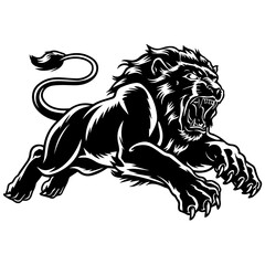 A bold black and white vector illustration of a roaring lion in mid-leap, showcasing its fierce expression, muscular body, and sharp claws.