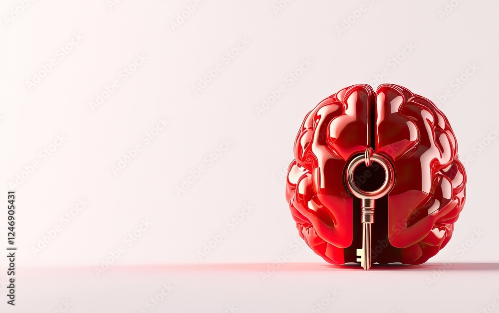 Poster a striking red brain sculpture features a keyhole, symbolizing the unlocking of knowledge and creati