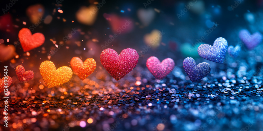 Poster sparkling hearts in festive colors. sparkling hearts in various colors float above shimmering glitte