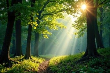Obraz premium Dappled sunlight filters through forest canopy, light filtering, woodlands