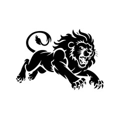A bold black and white vector illustration of a roaring lion in mid-leap, showcasing its fierce expression, muscular body, and sharp claws.