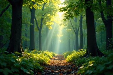 Obraz premium Dappled light from string lights filters through forest leaves, natural, ambient