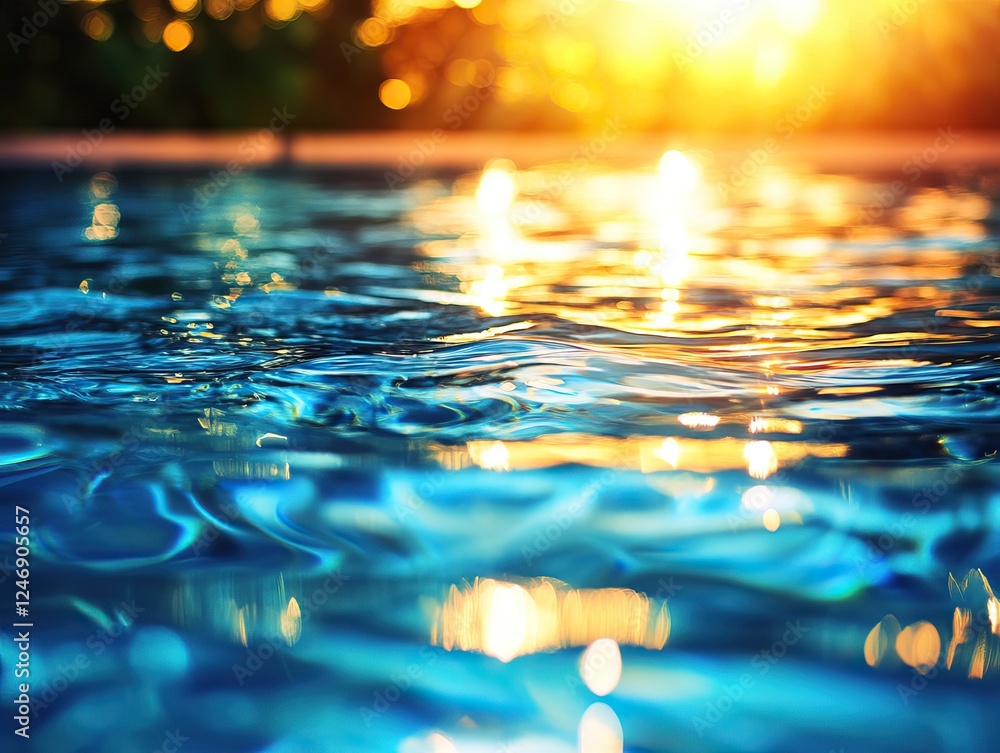 Poster a serene pool at sunset, with shimmering reflections on the water surface, creating a tranquil and i