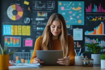 A woman with long hair sits at a desk, focused on a tablet, surrounded by colorful charts and graphs on a blackboard.