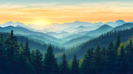 Serene Landscape of Forest Mountains at Sunset: A Breathtaking Outdoor Adventure with Vibrant Hues, Tranquil Atmosphere, Misty Pine Trees, and Scenic Horizons in Nature's Majestic Beauty
