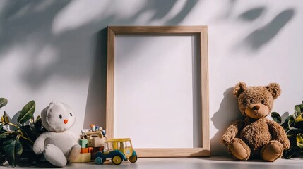 Cozy children's room with toys and a blank mockup frame, set against a simple white background