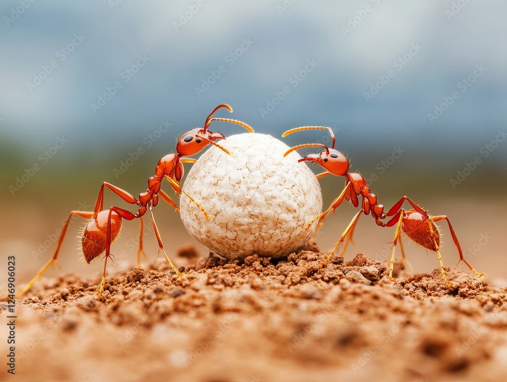 Poster two red ants work together to move a white object on a sandy surface, showcasing teamwork and determ